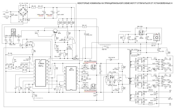 Принципиальная схема  импульсного блока питания мощностью до 2000 Вт с двумя силовыми двуполярными выходными напряжениями